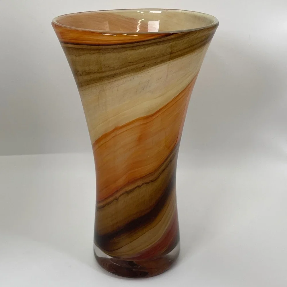 Vintage Art Glass Swirl Trumpet‎ Vase Orange Brown Earth Tones Hand Blown 9